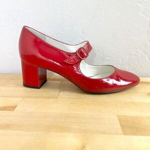 Bettye Muller Red Patent Leather Mary Jane Block Heel Shoes Italy 37 FLAWS